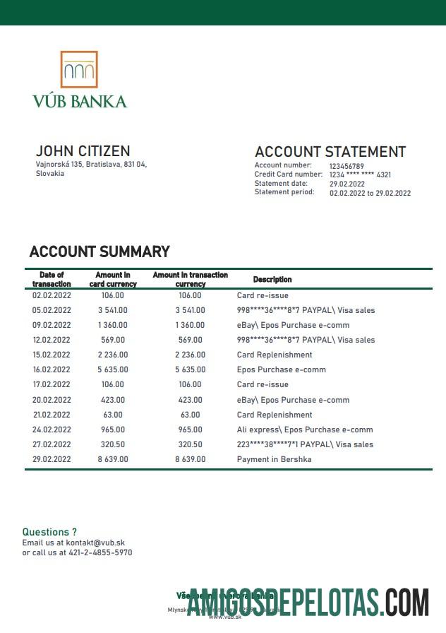 Exemplo de extrato bancário VUB da Eslováquia